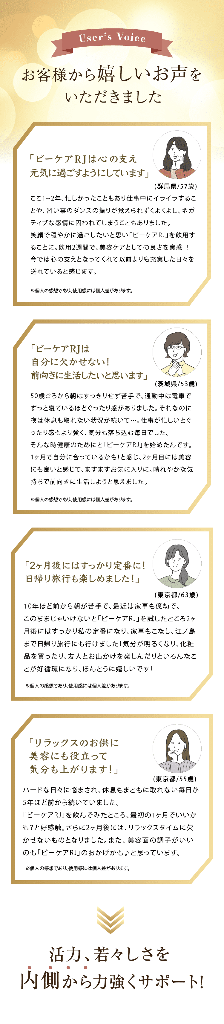 「2ヶ月後にはぐったり感から解放！不安なく日帰り旅行にも行けた！」「気持ちの浮き沈みが軽減してリラックス。お肌や髪につやつや感も生まれた」
