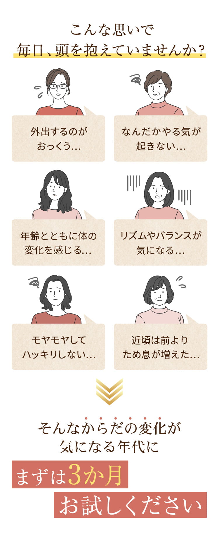 こんな思いで毎日、頭を抱えていませんか？ [外出するのがおっくう…][なんだかやる気が起きない…][からだの変化についていけない…][リズムやバランスが乱れがち…][モヤモヤしてハッキリしない…][前向きになれずため息が増えた…] そんなからだの変化にまずは3か月お試しください