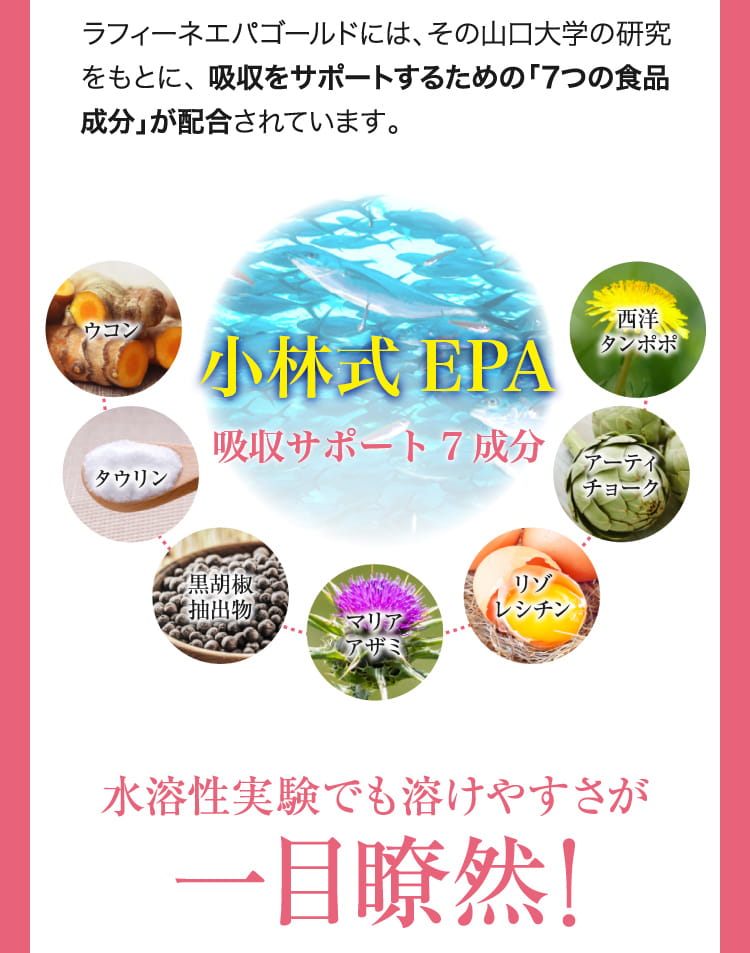 ラフィーネエパゴールドには山口大学の研究をもとに、吸収をサポートするための「7つの食品成分」が配合されています。