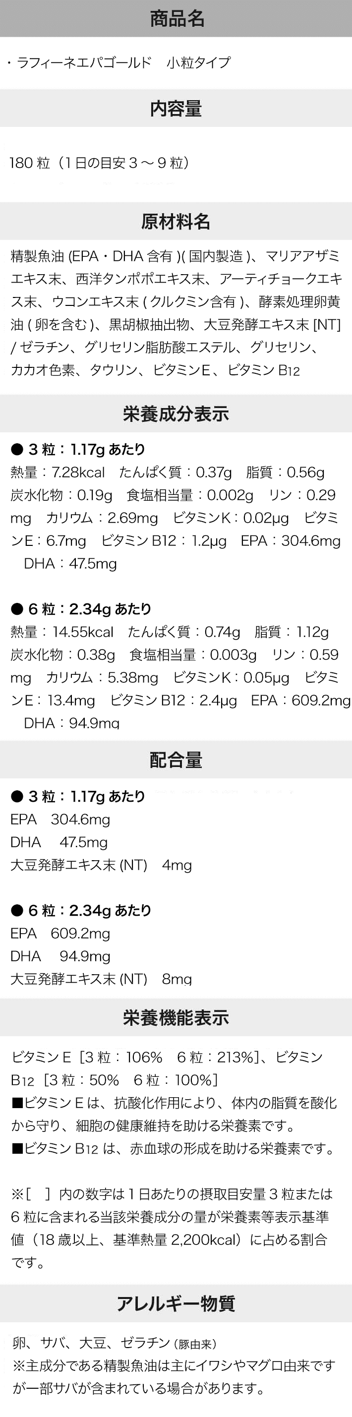 商品名・内容量・原材料名・栄養成分表示・配合量・栄養機能表示・アレルギー物質