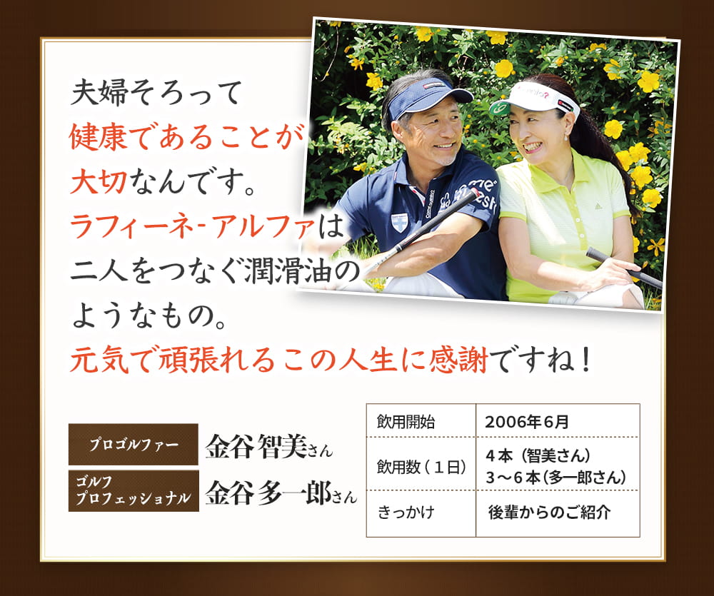 夫婦そろって健康であることが大切なんです。ラフィーネ-アルファは二人をつなぐ潤滑油のようなもの。元気で頑張れるこの人生に感謝ですね！　プロゴルファー　金谷　智美さん　ゴルフプロフェッショナル　金谷　多一郎さん　飲用開始　2006年6月　引用数（１日）４本（智美さん）３〜６本（多一郎さん）　きっかけ　後輩からのご紹介